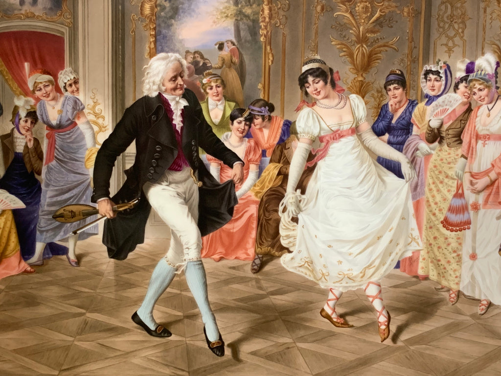 A LARGE RECTANGULAR KPM PORCELAIN PLAQUE TITLE 'THE DANCE LESSON'